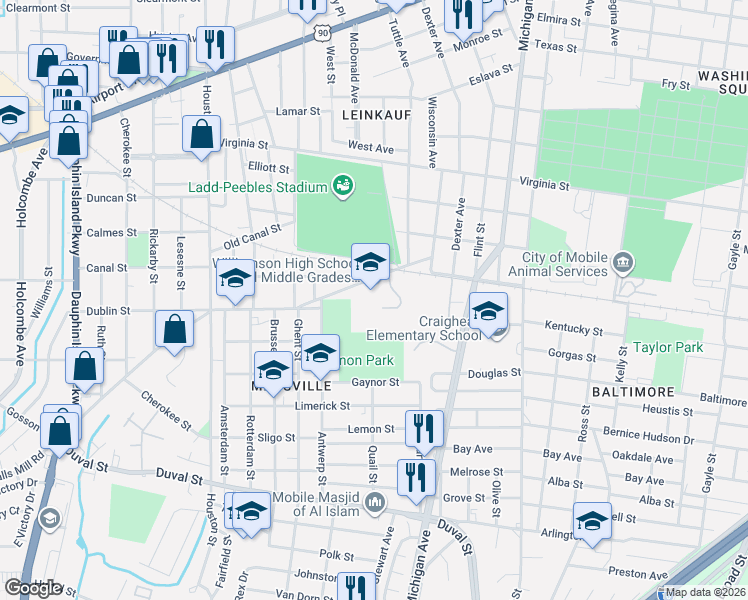 map of restaurants, bars, coffee shops, grocery stores, and more near 1037 Millers Dr in Mobile