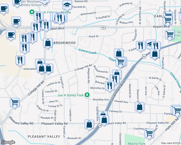 map of restaurants, bars, coffee shops, grocery stores, and more near 513 Magnolia Road in Mobile