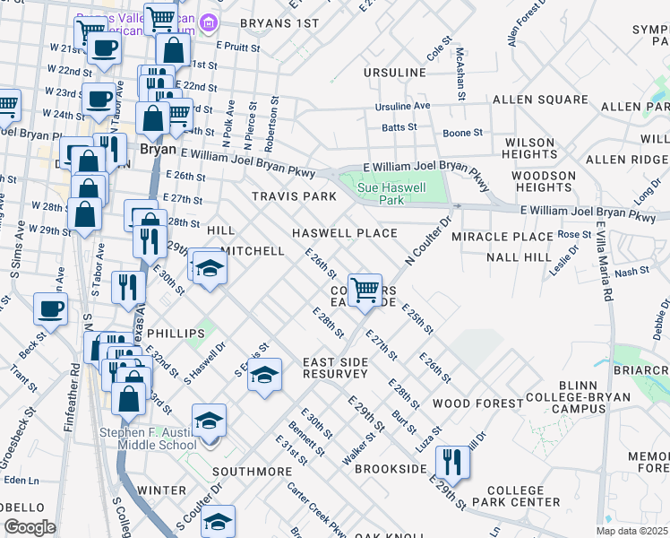 map of restaurants, bars, coffee shops, grocery stores, and more near 1114 East 26th Street in Bryan