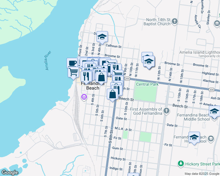 map of restaurants, bars, coffee shops, grocery stores, and more near 118 South 6th Street in Fernandina Beach