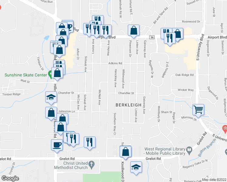 map of restaurants, bars, coffee shops, grocery stores, and more near 1001 Henckley Avenue in Mobile