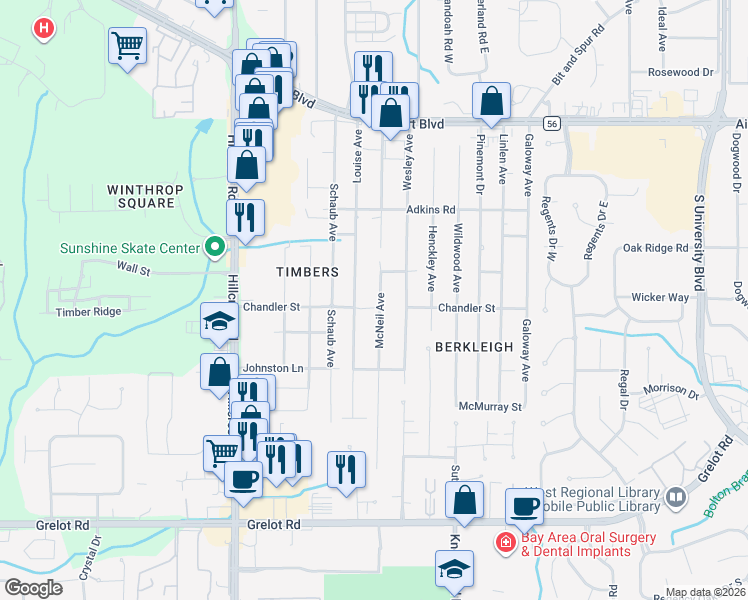 map of restaurants, bars, coffee shops, grocery stores, and more near 1003 Louise Avenue in Mobile