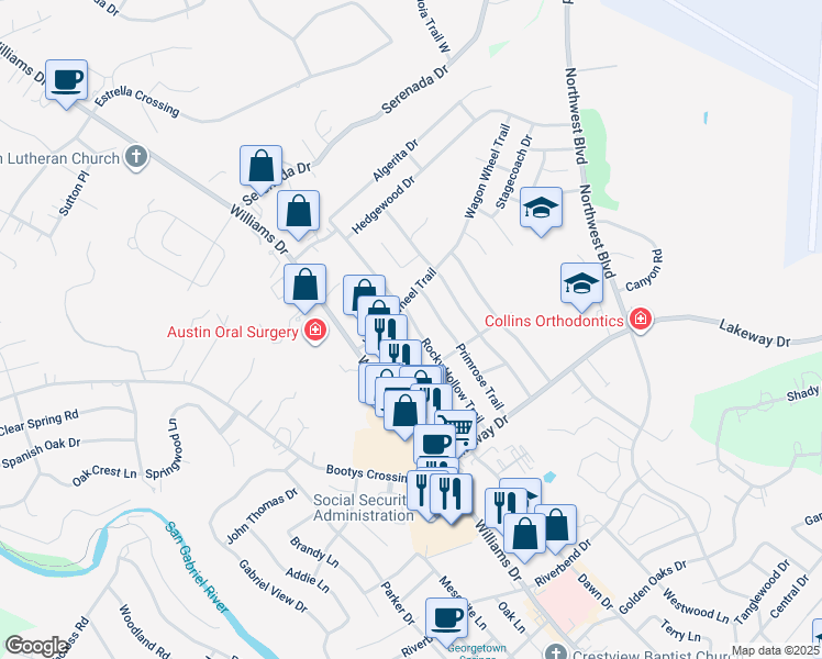 map of restaurants, bars, coffee shops, grocery stores, and more near 3410 Rocky Hollow Trail in Georgetown