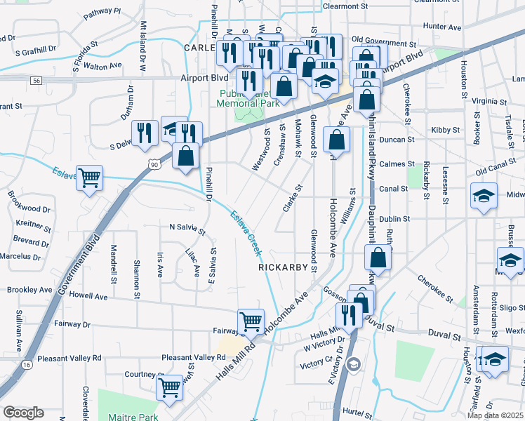 map of restaurants, bars, coffee shops, grocery stores, and more near 620 Mohawk Street in Mobile