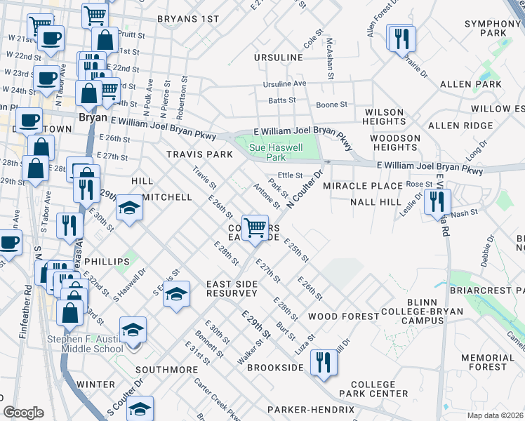 map of restaurants, bars, coffee shops, grocery stores, and more near 1405 East 25th Street in Bryan