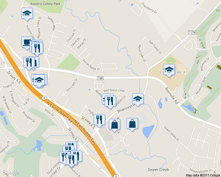 map of restaurants, bars, coffee shops, grocery stores, and more near 3015 Red Robin Loop in Bryan