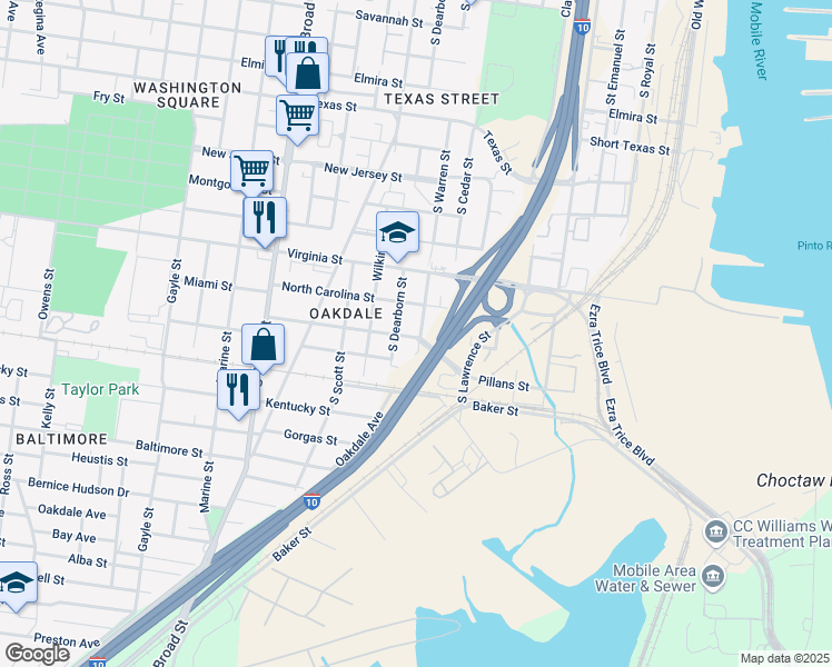 map of restaurants, bars, coffee shops, grocery stores, and more near 600 South Carolina Street in Mobile