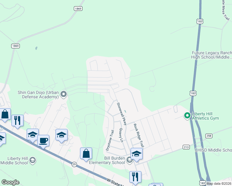 map of restaurants, bars, coffee shops, grocery stores, and more near 112 Milestone Road in Liberty Hill