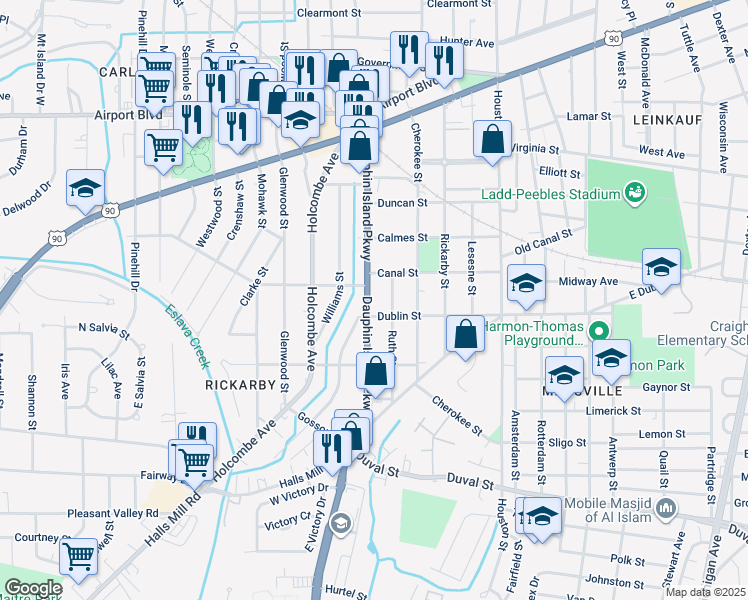 map of restaurants, bars, coffee shops, grocery stores, and more near 613 Dauphin Island Parkway in Mobile