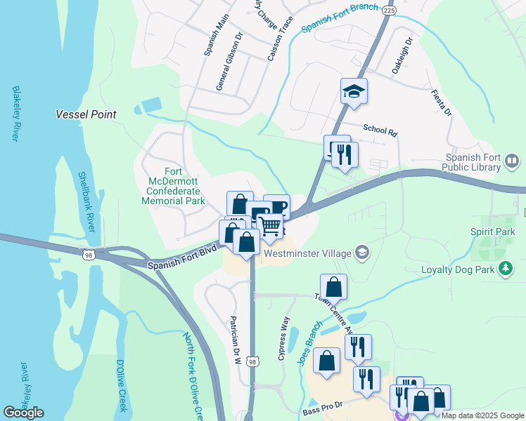 map of restaurants, bars, coffee shops, grocery stores, and more near 2 Lee Circle in Spanish Fort