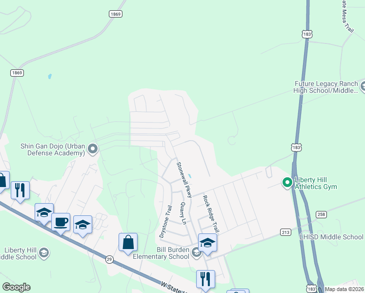 map of restaurants, bars, coffee shops, grocery stores, and more near 112 Milestone Road in Liberty Hill