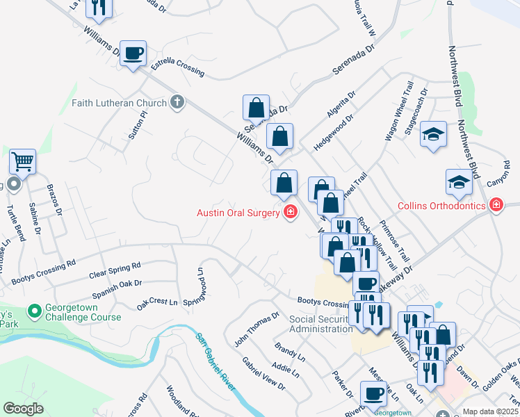 map of restaurants, bars, coffee shops, grocery stores, and more near 3720 Williams Drive in Georgetown