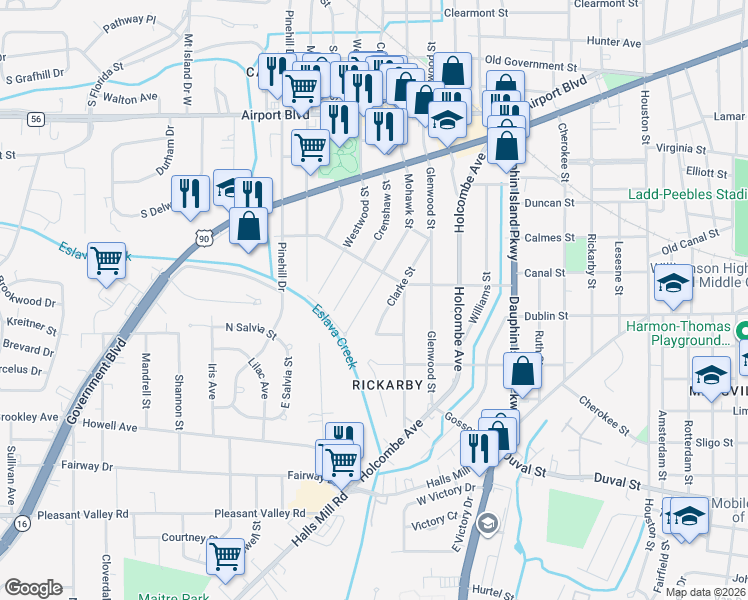 map of restaurants, bars, coffee shops, grocery stores, and more near 625 Mohawk Street in Mobile