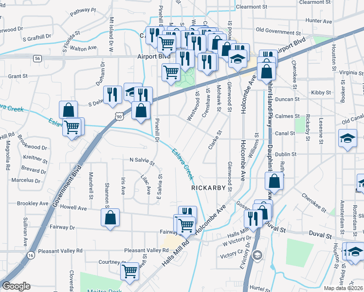 map of restaurants, bars, coffee shops, grocery stores, and more near 698 Crenshaw Street in Mobile