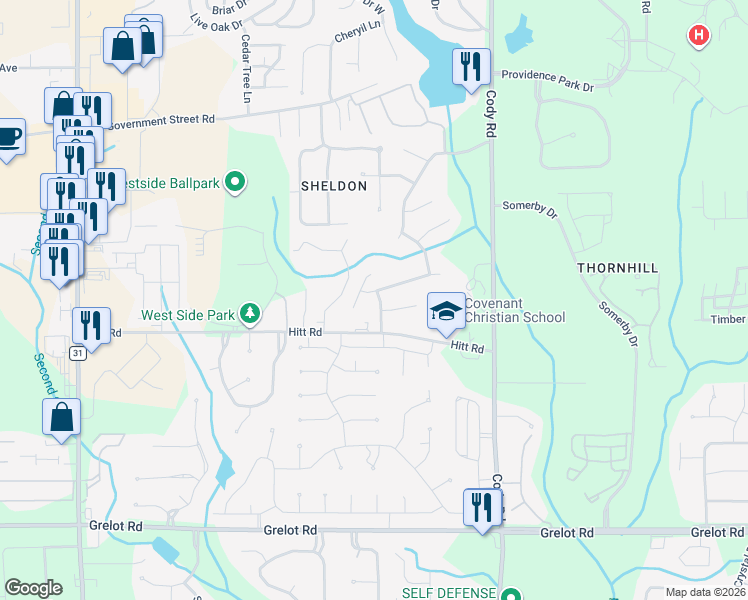map of restaurants, bars, coffee shops, grocery stores, and more near 1023 Cedar Creek Circle in Mobile