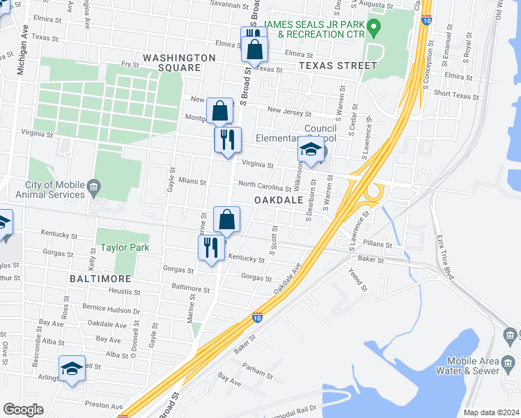 map of restaurants, bars, coffee shops, grocery stores, and more near 851 South Washington Avenue in Mobile
