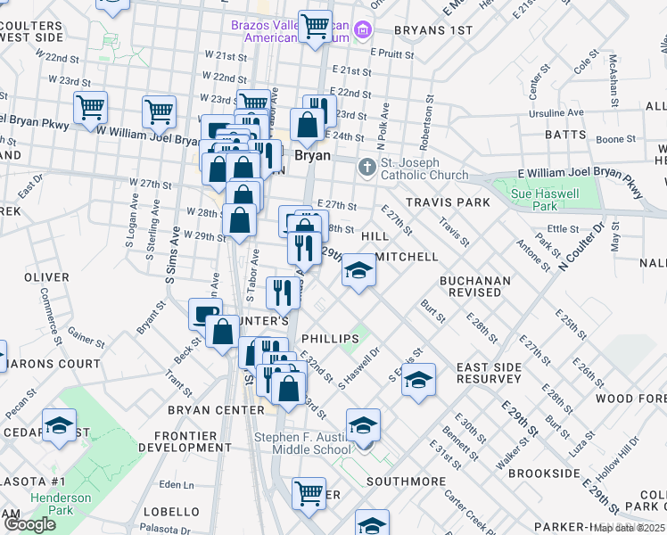 map of restaurants, bars, coffee shops, grocery stores, and more near 508 East 30th Street in Bryan