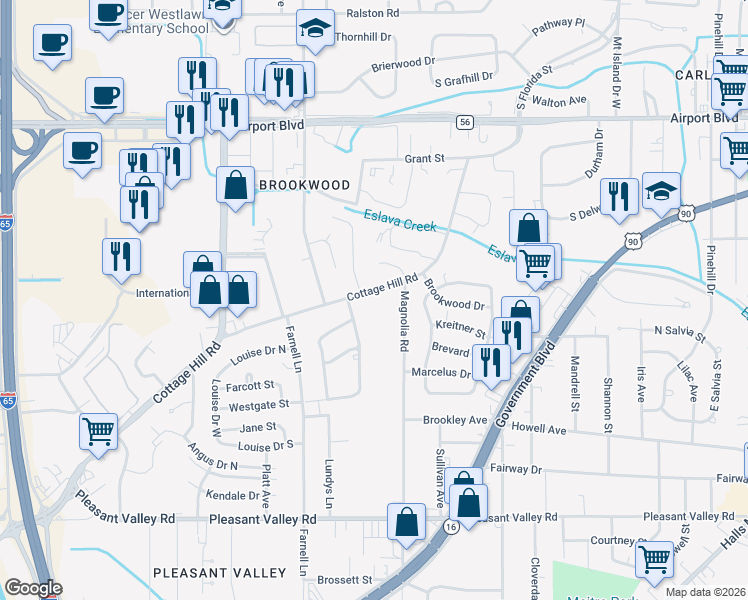 map of restaurants, bars, coffee shops, grocery stores, and more near 2869 Cottage Hill Road in Mobile
