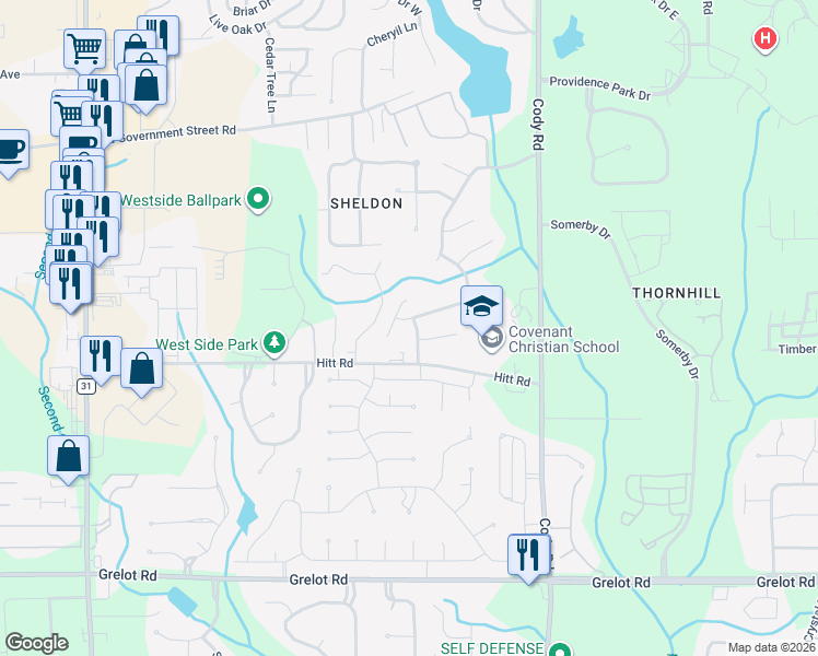 map of restaurants, bars, coffee shops, grocery stores, and more near 1023 Cedar Creek Circle in Mobile