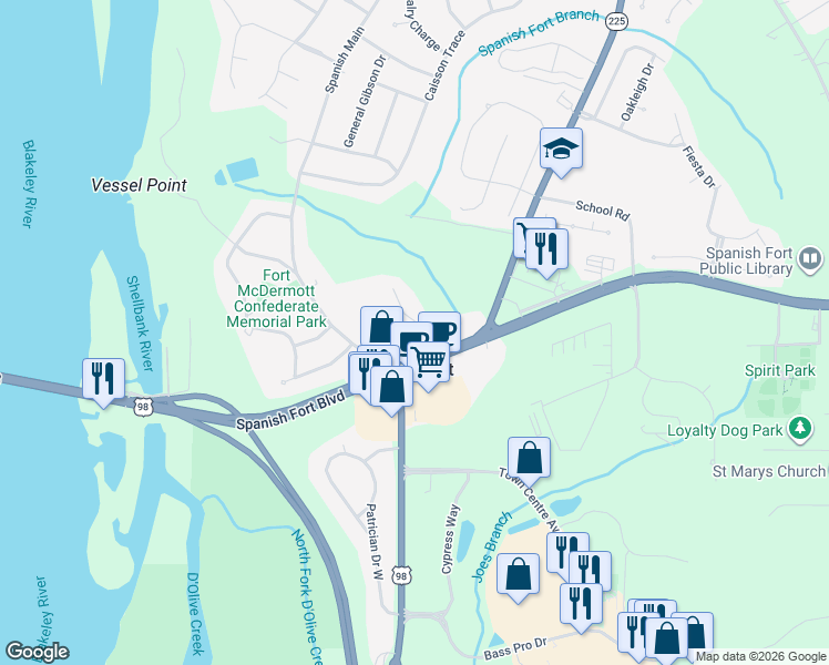map of restaurants, bars, coffee shops, grocery stores, and more near in Spanish Fort