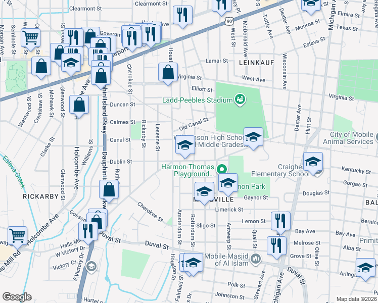 map of restaurants, bars, coffee shops, grocery stores, and more near 1753 Dublin Street in Mobile