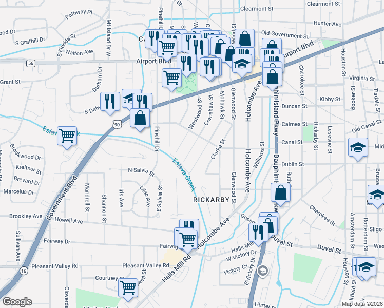 map of restaurants, bars, coffee shops, grocery stores, and more near 625 Mohawk Street in Mobile