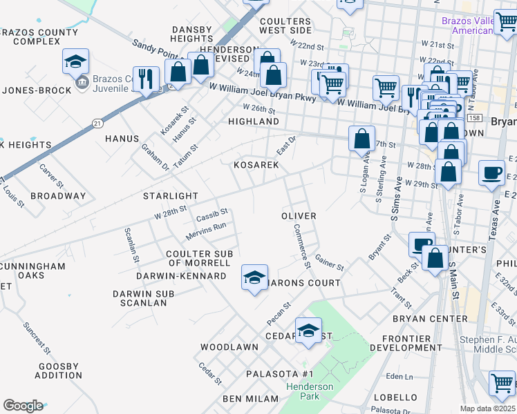 map of restaurants, bars, coffee shops, grocery stores, and more near 1025 West 28th Street in Bryan
