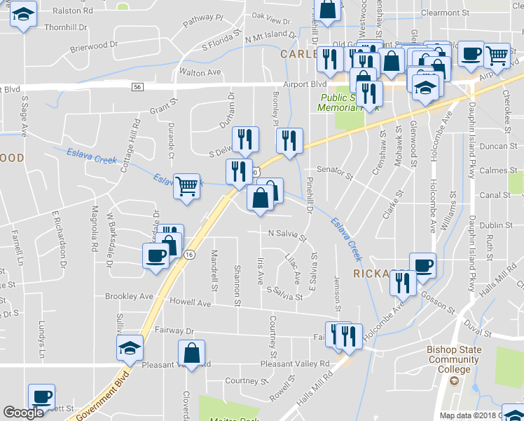 map of restaurants, bars, coffee shops, grocery stores, and more near 2480 Commercial Park Drive in Mobile