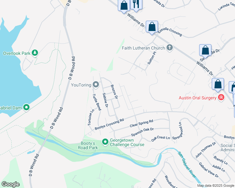 map of restaurants, bars, coffee shops, grocery stores, and more near 304 Brazos Drive in Georgetown