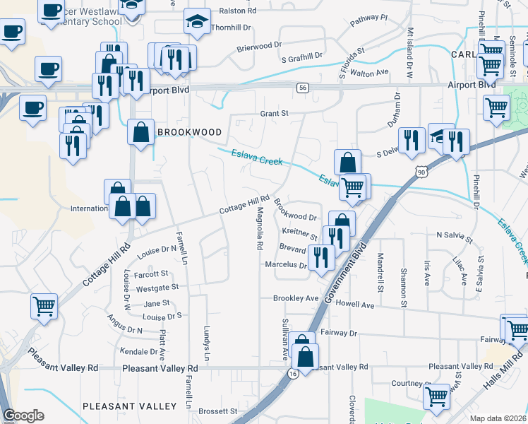 map of restaurants, bars, coffee shops, grocery stores, and more near 2825 Cottage Hill Road in Mobile