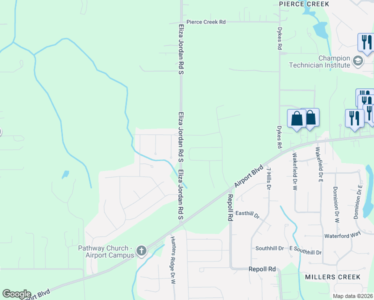 map of restaurants, bars, coffee shops, grocery stores, and more near Eliza Jordan Road South in Mobile