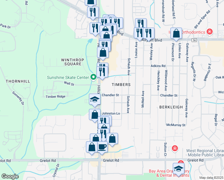 map of restaurants, bars, coffee shops, grocery stores, and more near 951 Hillcrest Road in Mobile