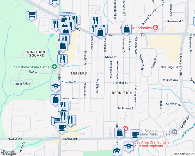map of restaurants, bars, coffee shops, grocery stores, and more near 951 McNeil Avenue in Mobile