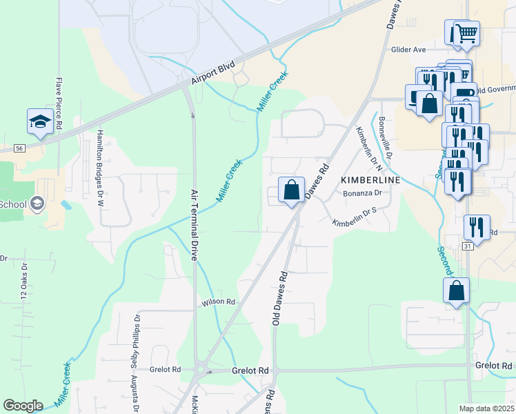 map of restaurants, bars, coffee shops, grocery stores, and more near 8330 Stacey Road in Mobile