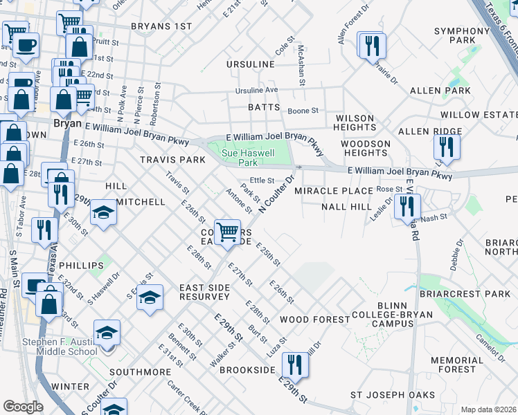 map of restaurants, bars, coffee shops, grocery stores, and more near 1412 Park Street in Bryan