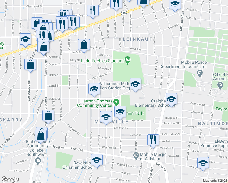 map of restaurants, bars, coffee shops, grocery stores, and more near 955 Ghent Street in Mobile