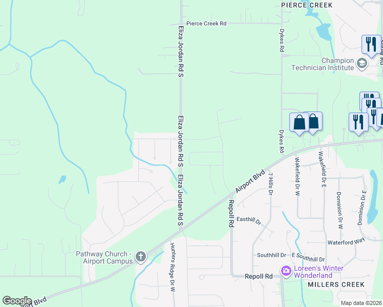 map of restaurants, bars, coffee shops, grocery stores, and more near Eliza Jordan Road South in Mobile