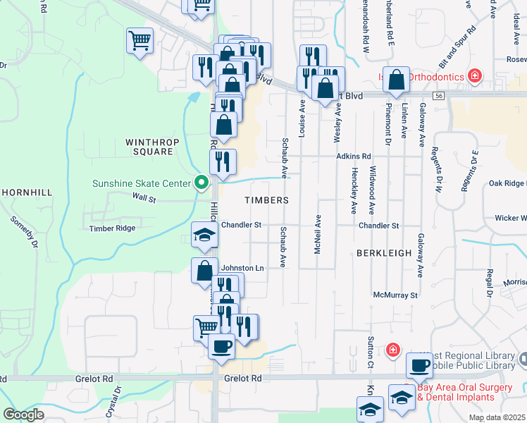 map of restaurants, bars, coffee shops, grocery stores, and more near 953 Dickenson Avenue in Mobile