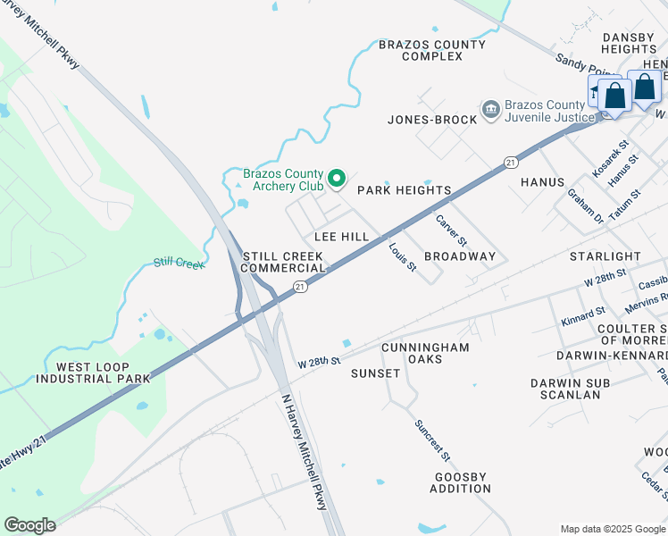 map of restaurants, bars, coffee shops, grocery stores, and more near 2714 State Highway 21 West in Bryan