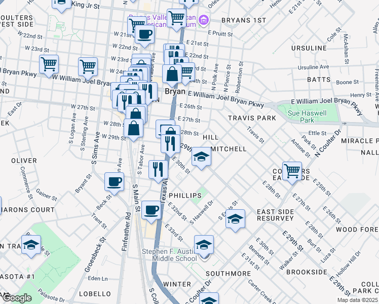 map of restaurants, bars, coffee shops, grocery stores, and more near 603 East 29th Street in Bryan