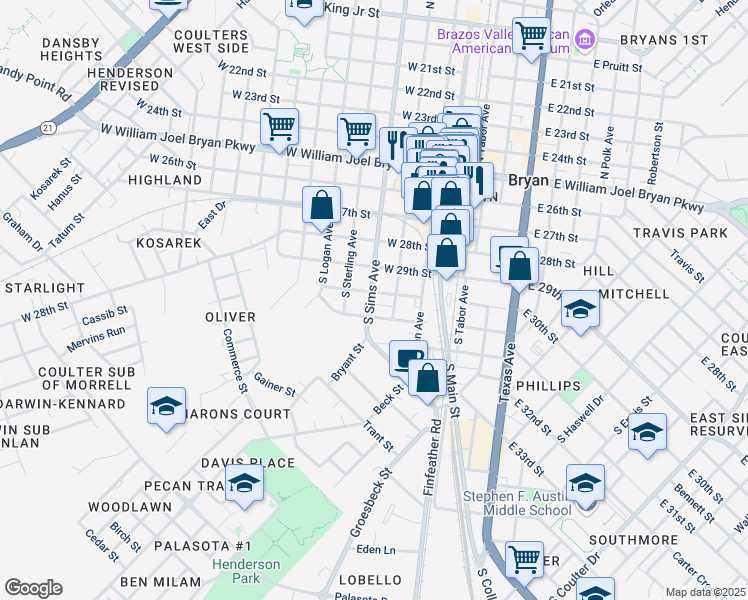 map of restaurants, bars, coffee shops, grocery stores, and more near 400 West 30th Street in Bryan