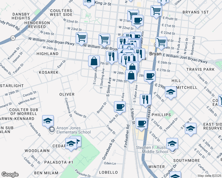 map of restaurants, bars, coffee shops, grocery stores, and more near 400 West 30th Street in Bryan
