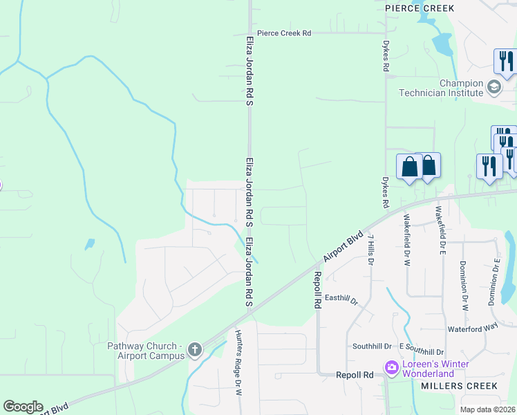 map of restaurants, bars, coffee shops, grocery stores, and more near Eliza Jordan Road South in Mobile