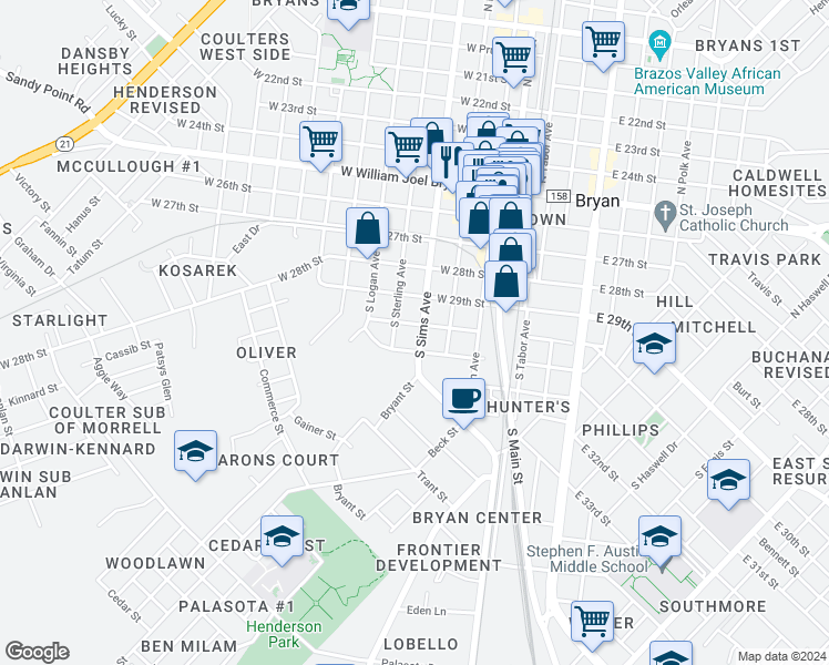 map of restaurants, bars, coffee shops, grocery stores, and more near 401 West 30th Street in Bryan