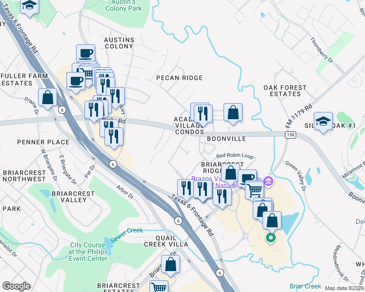 map of restaurants, bars, coffee shops, grocery stores, and more near 2510 Boonville Road in Bryan