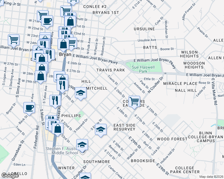 map of restaurants, bars, coffee shops, grocery stores, and more near 1014 East 26th Street in Bryan