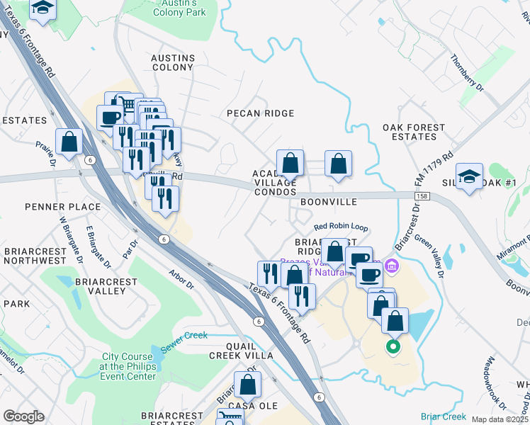 map of restaurants, bars, coffee shops, grocery stores, and more near 2510 Boonville Road in Bryan