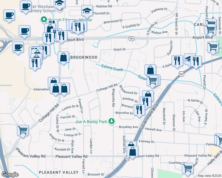 map of restaurants, bars, coffee shops, grocery stores, and more near 2825 Cottage Hill Road in Mobile