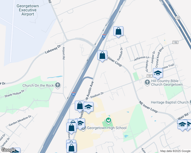 map of restaurants, bars, coffee shops, grocery stores, and more near 2601 North Austin Avenue in Georgetown