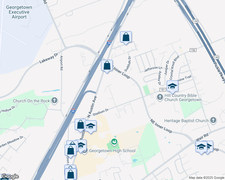 map of restaurants, bars, coffee shops, grocery stores, and more near 2601 North Austin Avenue in Georgetown